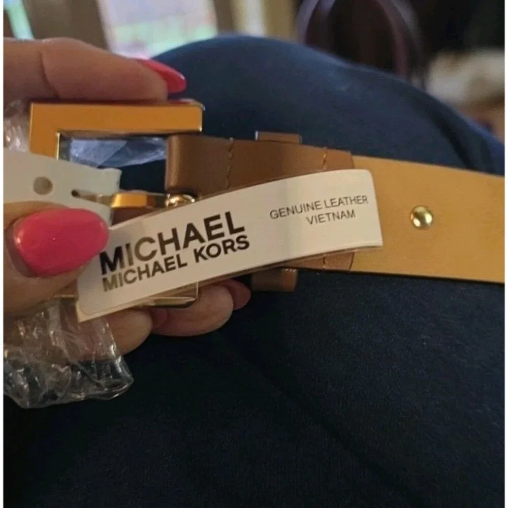 Michael Kors Tan Leather Belt XL Logo Studs Gold Tone Buckle NWT